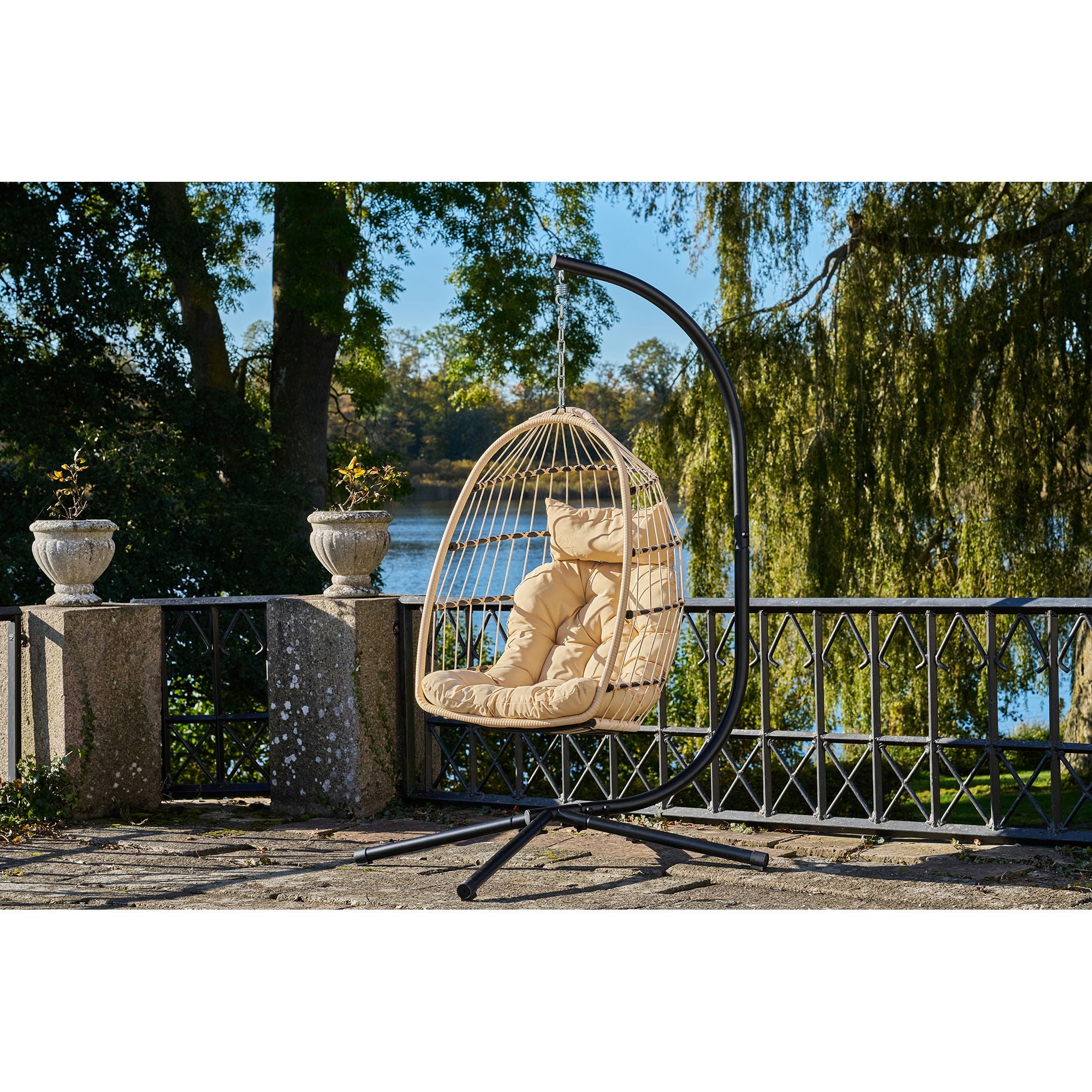 Patras Hanging Chair - Hanging chair, steel stand, foldable seat, incl.cushions, natural/black<br>195x117x107 cm